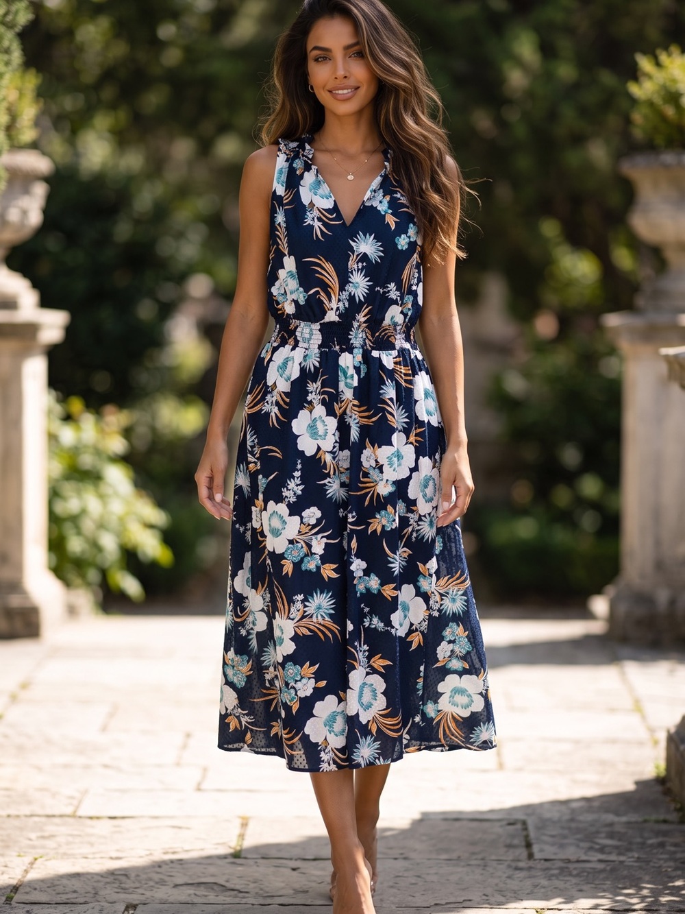 Ann Taylor Factory Navy Floral Halter Maxi Dress with Teal Accents
